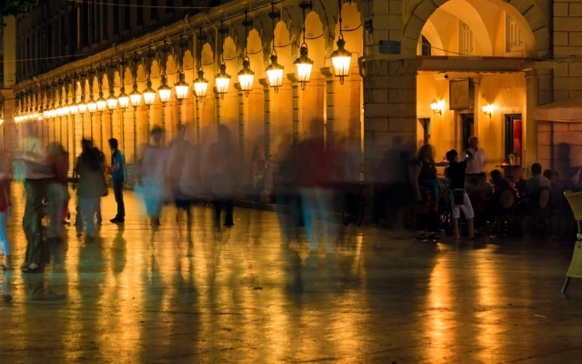 Liston, main promenade, at night, Corfu city, Greece