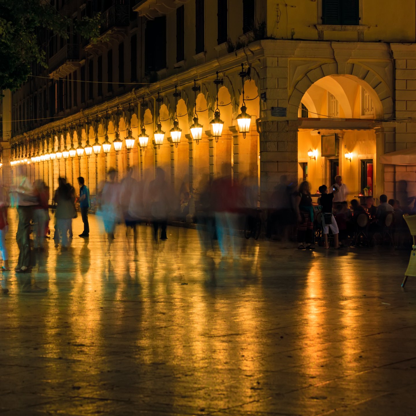 Liston, main promenade, at night, Corfu city, Greece