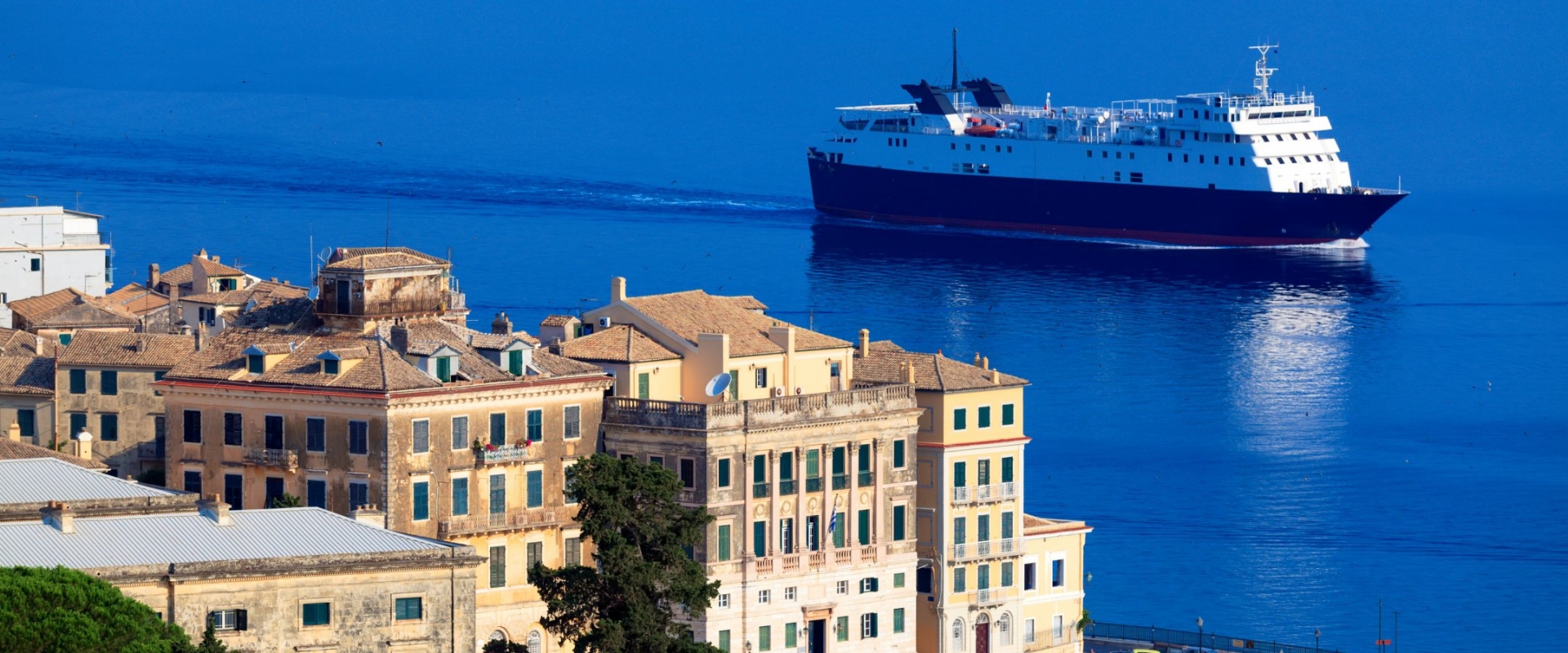 Enormous cargo ship near Corfu city, Greece